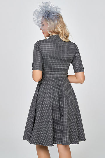 Grey Plaid Half Sleeves Vintage 1950s Dress
